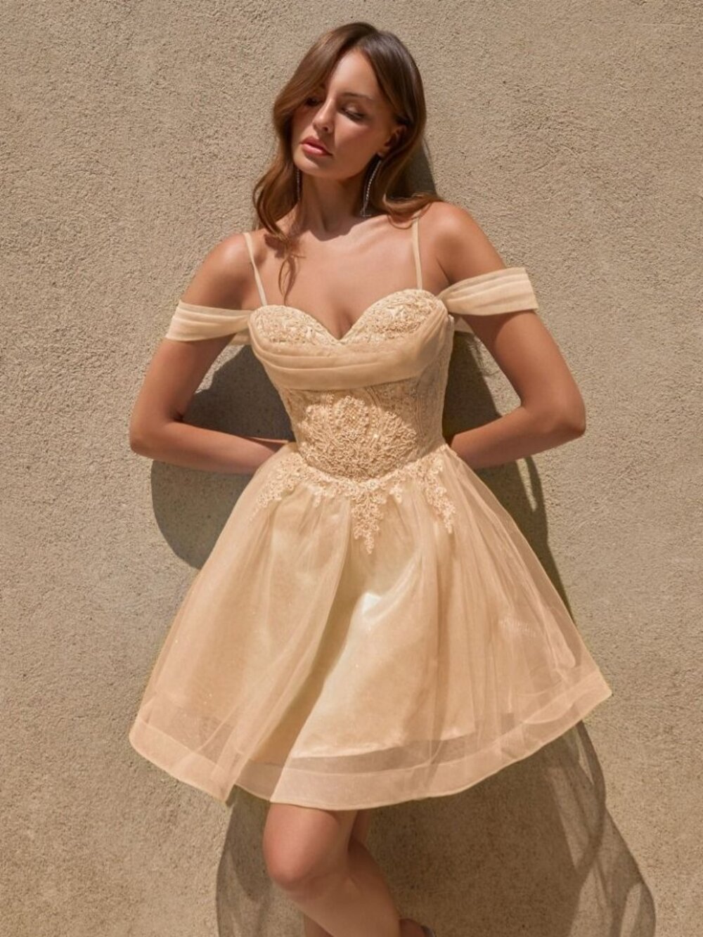 New Champagne Off The Shoulder Fit & Flare Romantic Homecoming Dress CD CY024
